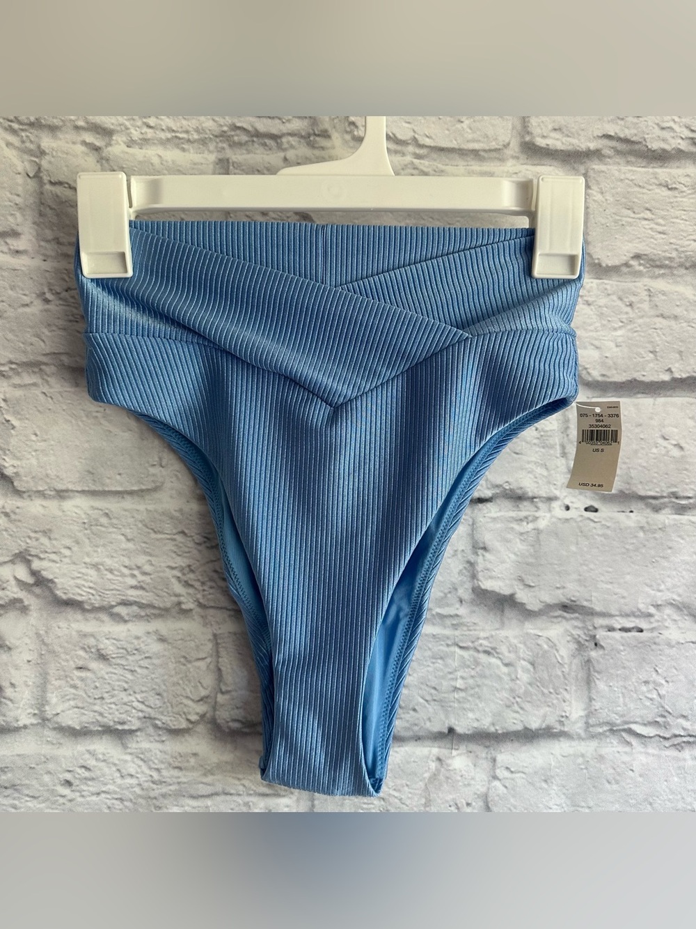 NEW WITH TAGS AERIE HIGH WAISTED HIGH CUT CHEEKY RIBBED BLUE BIKINI BOTTOM SMALL
